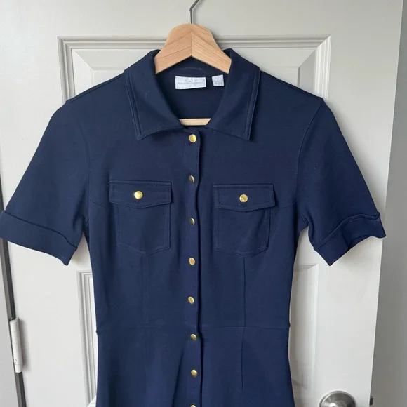 New York & Company Navy Blue Gold Button Snap Font Collared Mini Dress Size XS - Picture 2 of 6